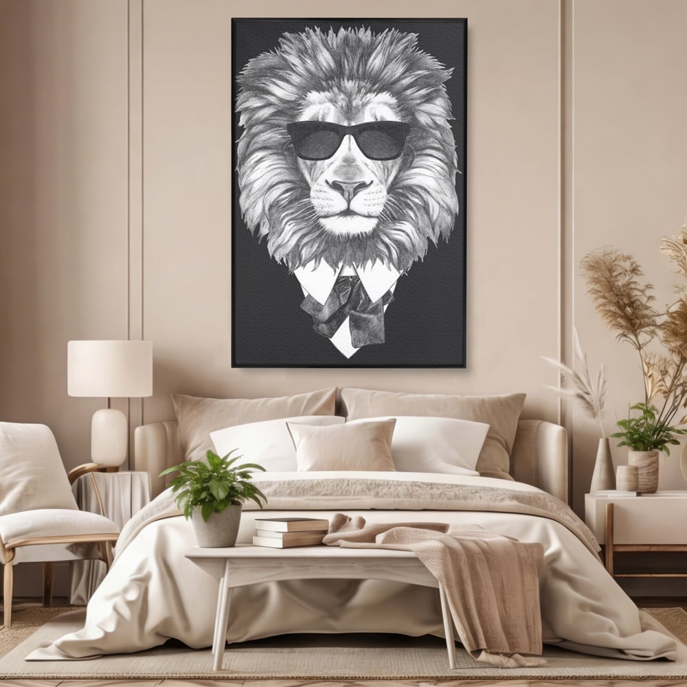 Tablou canvas cu tablou canvas cu leu in costum si ochelari, in rama de aluminiu negru, pe perete intr-un dormitor